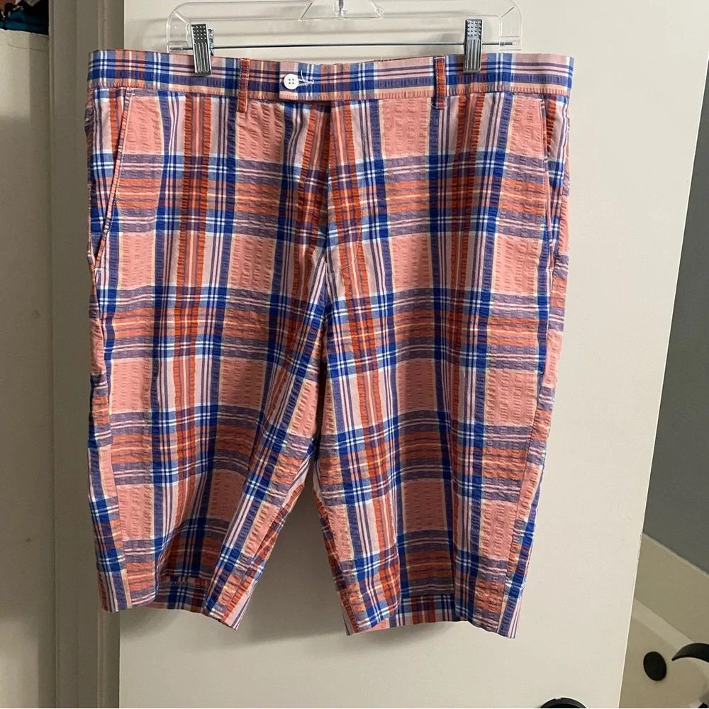 Linea Uomo Men’s Plaid Seersucker‎ Shorts Size 38 Coral and Blue